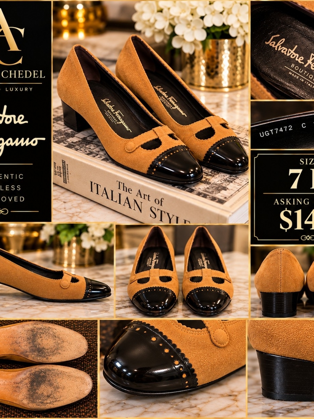 Salvatore Ferragamo Tan Suede Pumps with Black Patent Cap Toe